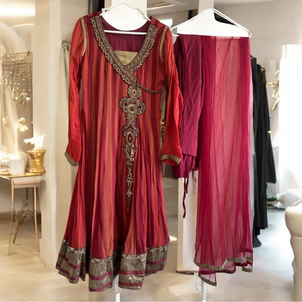 Elegant Red and Gold Embellished Dress with Scarf